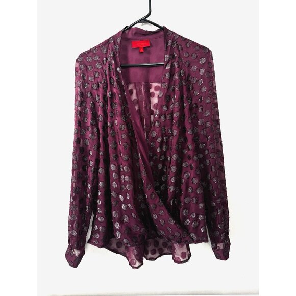 JLO Burgundy Metallic Dot Sheer Faux Wrap Top XL Y2K Vibe Glam Luxe Party Blouse - Picture 1 of 11